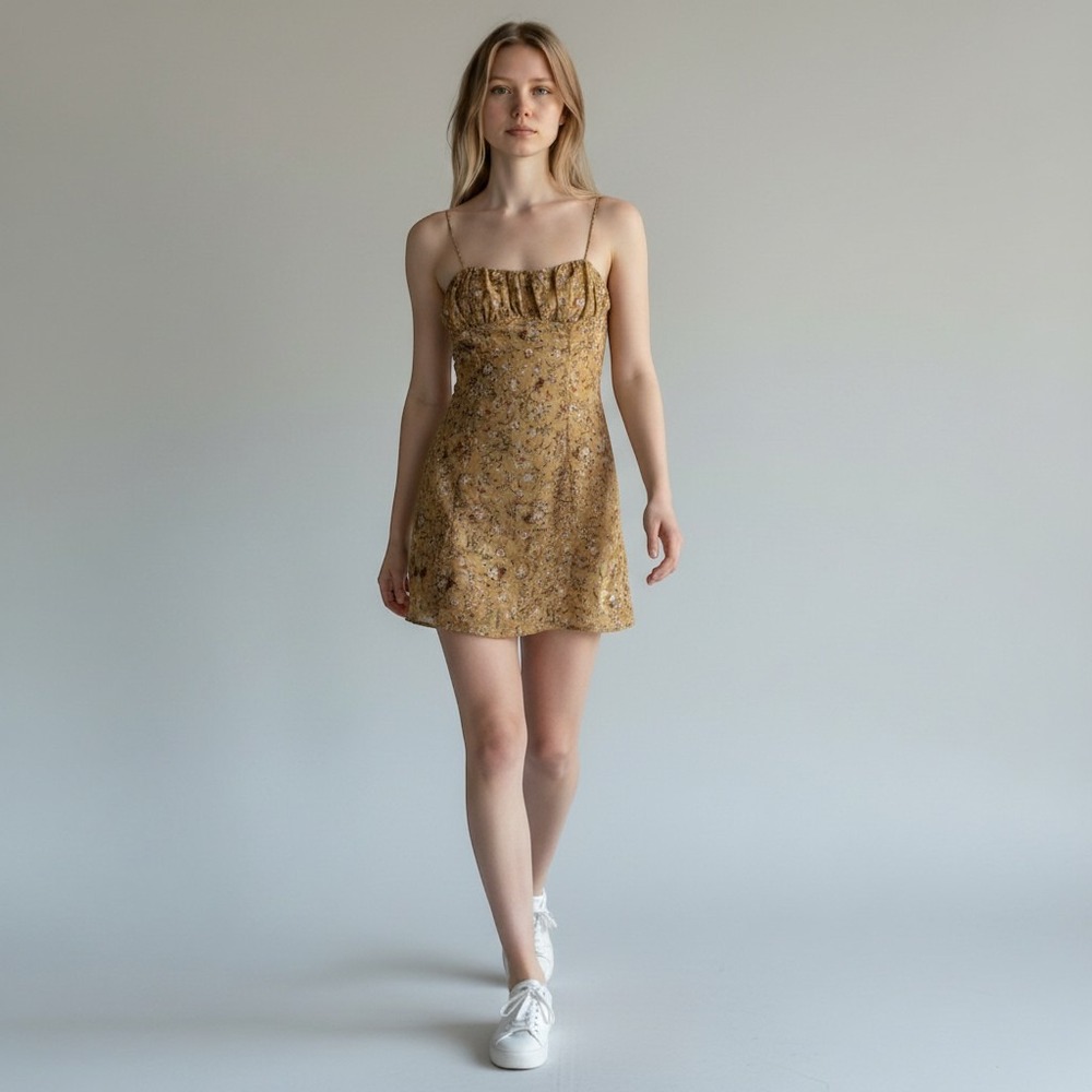 Sabo Skirt Mustard Yellow Floral Mini Dress Spaghetti Strap XS
